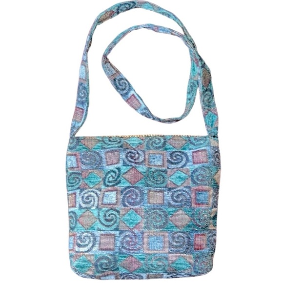 Handcrafted Blue Tapestry Fabric Crossbody Bag with Silk Flower Accents - Picture 5 of 7